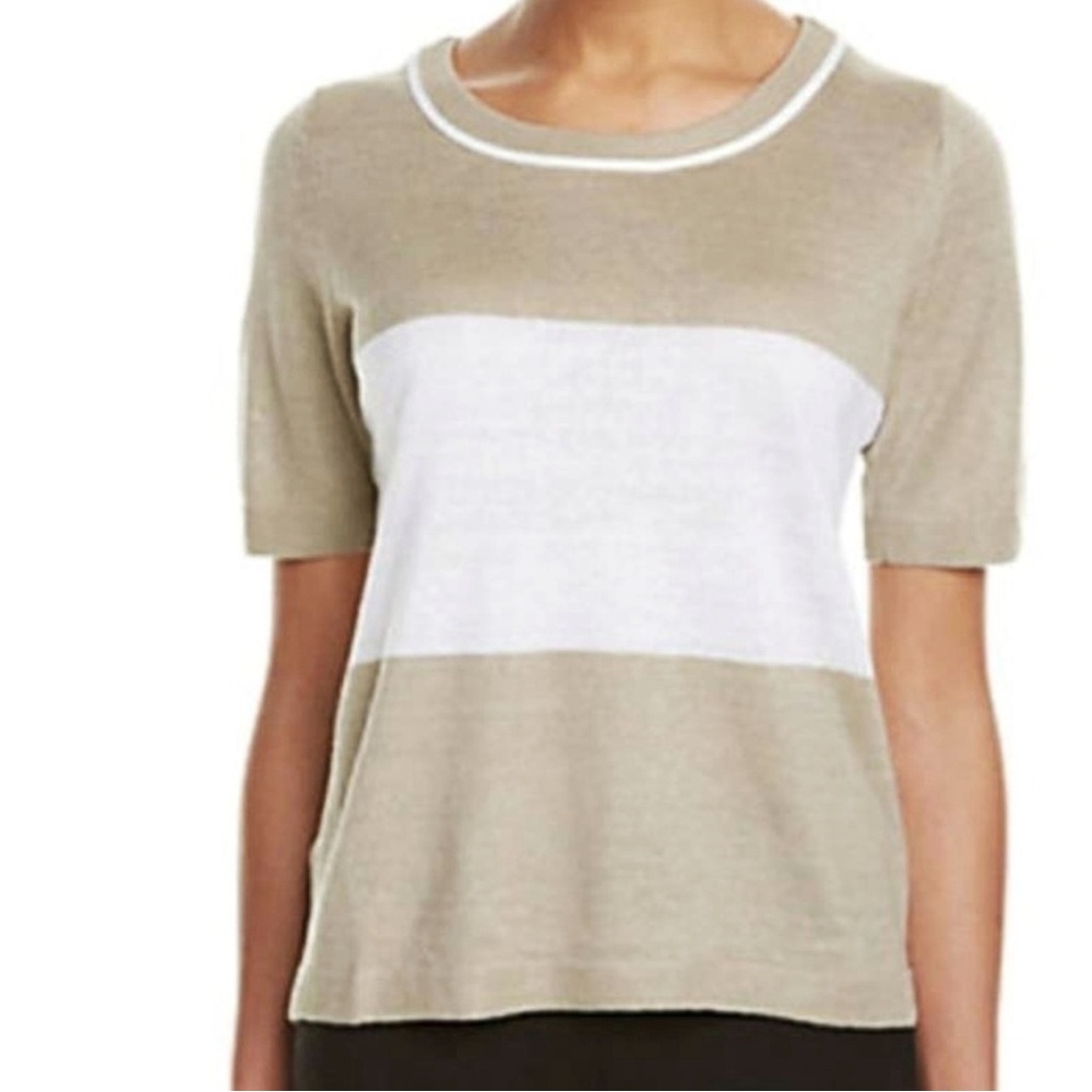 Lafayette 148 New York 100% Hemp Short Sleeve Top Knit Crewneck Tan White Size S